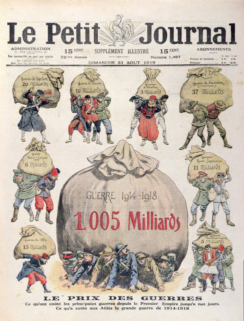 تكلفة الحروب من الفترة النابليونية حتى الحرب العالمية الأولى ، الغلاف الأمامي لـ Le Petit Journal ، 31 أغسطس 1919 بواسطة المدرسة الفرنسية