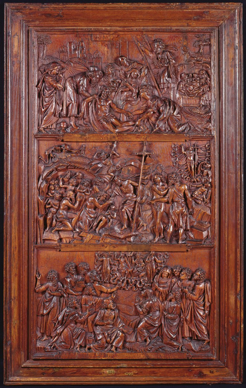 The Credo، Panel II: Decsent from the Cross، Entombment، Resurrection and Descent in Limbo and Ascension ، 1587 (الخشب) (انظر أيضًا 414036 ، 4140389) بواسطة المدرسة الفرنسية