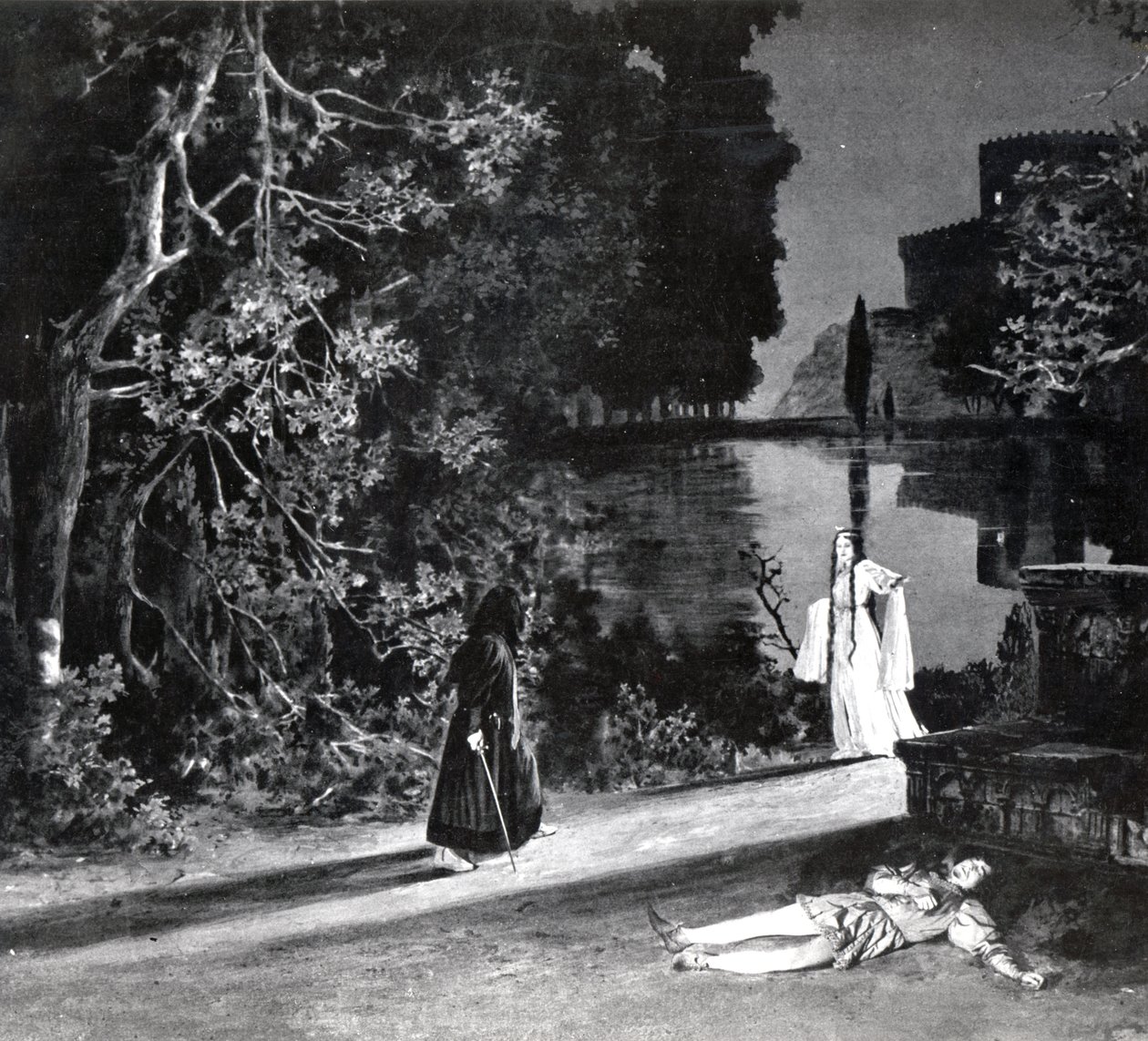 وفاة Pelleas ، القانون الرابع ، المشهد 4 من Pelleas et Melisande بواسطة Debussy ، من صورة الإنتاج الأول في أبريل 1902 للأوبرا في أوبرا كوميك في باريس ، التوضيح في مسرح م بواسطة المدرسة الفرنسية