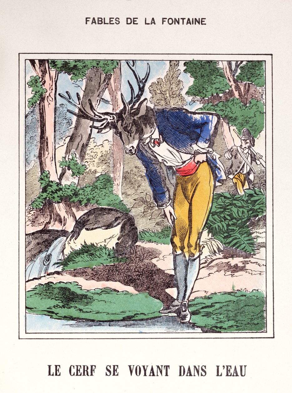 الغزال يرى نفسه في الماء ، من "Fables de La Fontaine" (نقش ملون) بواسطة المدرسة الفرنسية