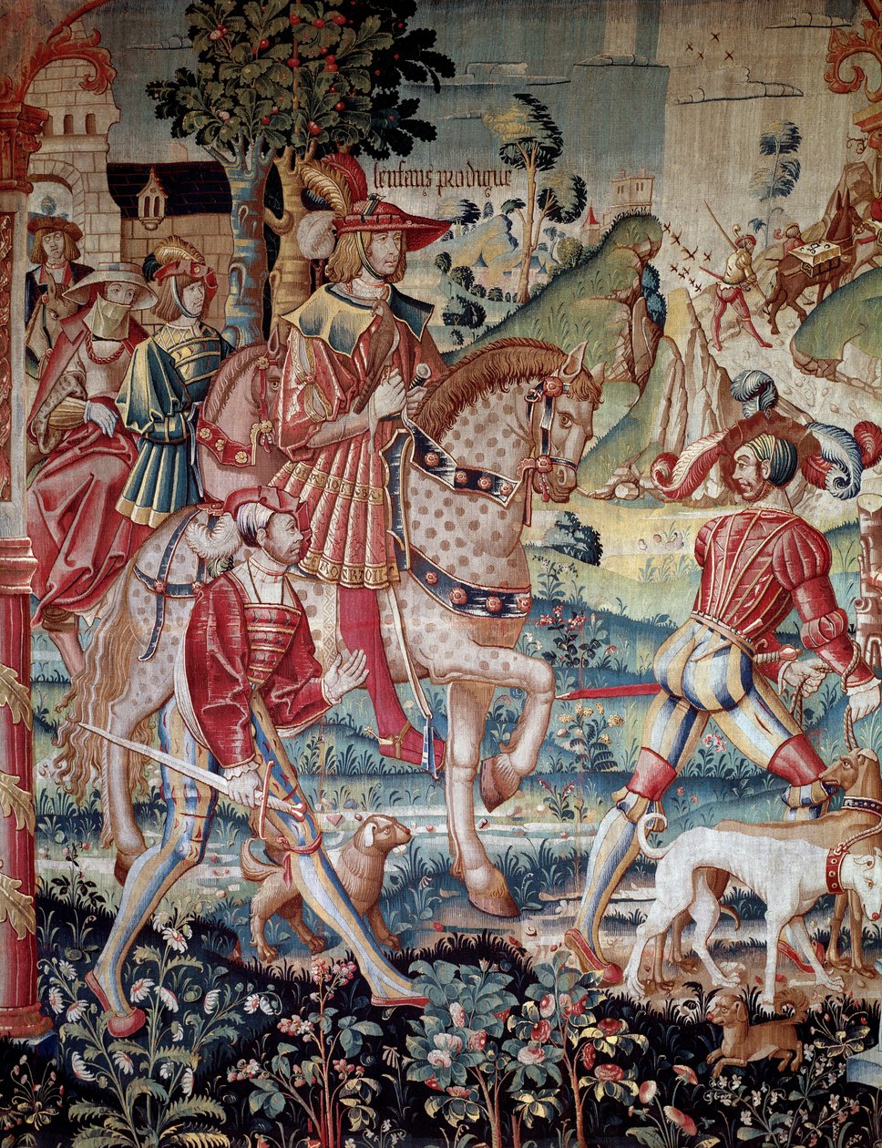 رحيل Enfant prodigue نسيج من الصوف والحرير صنع في تورناي حوالي عام 1520. باريس ، المتحف الوطني للعصور الوسطى ، ثيرميس دي كلوني بواسطة المدرسة الفرنسية