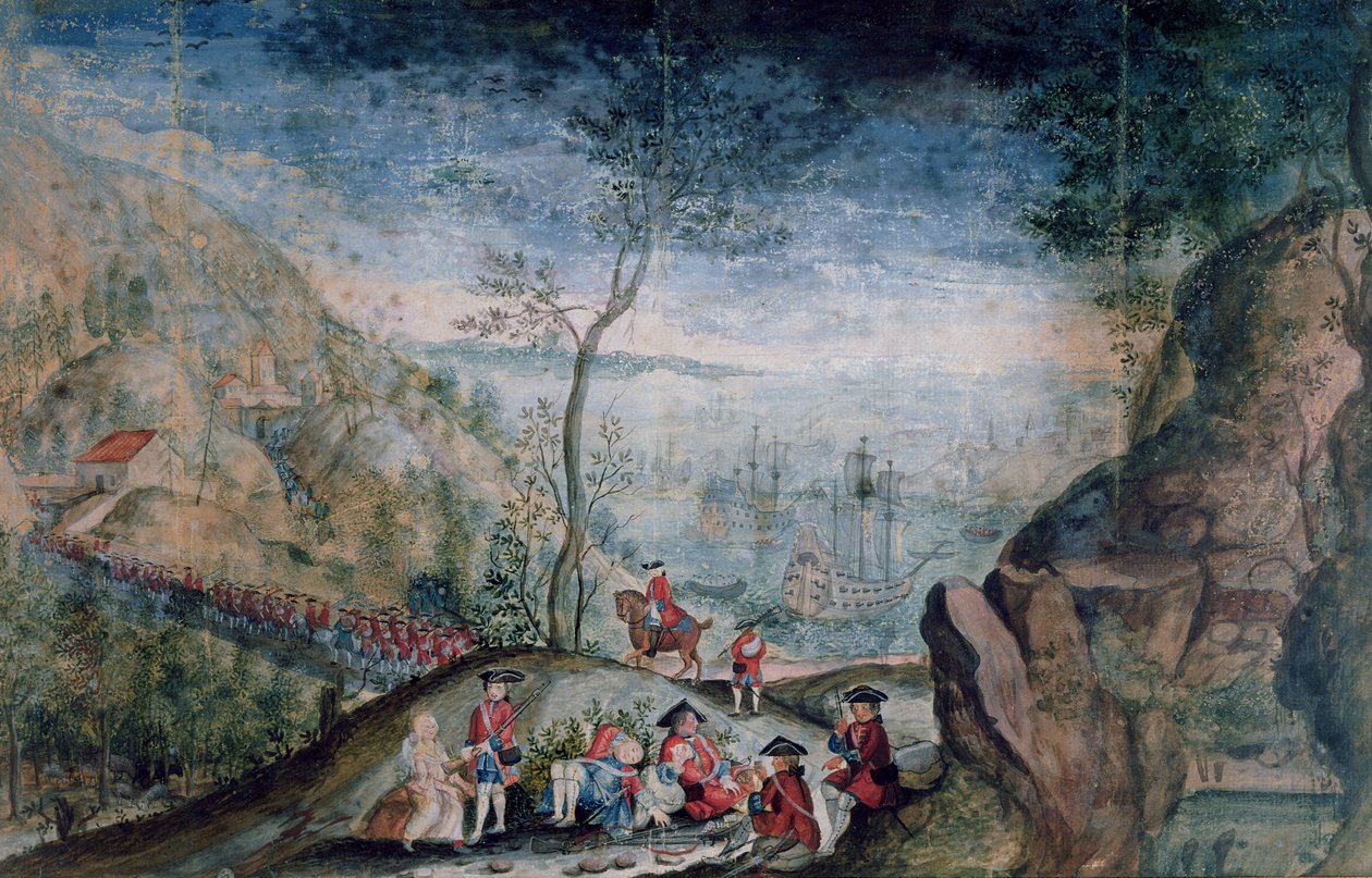 إنزال 50 جنديًا من فوج كاررير السويسري في لويسبورغ في جزيرة كاب بريتون بين 1722-1733 (مرحاض على الورق) بواسطة المدرسة الفرنسية