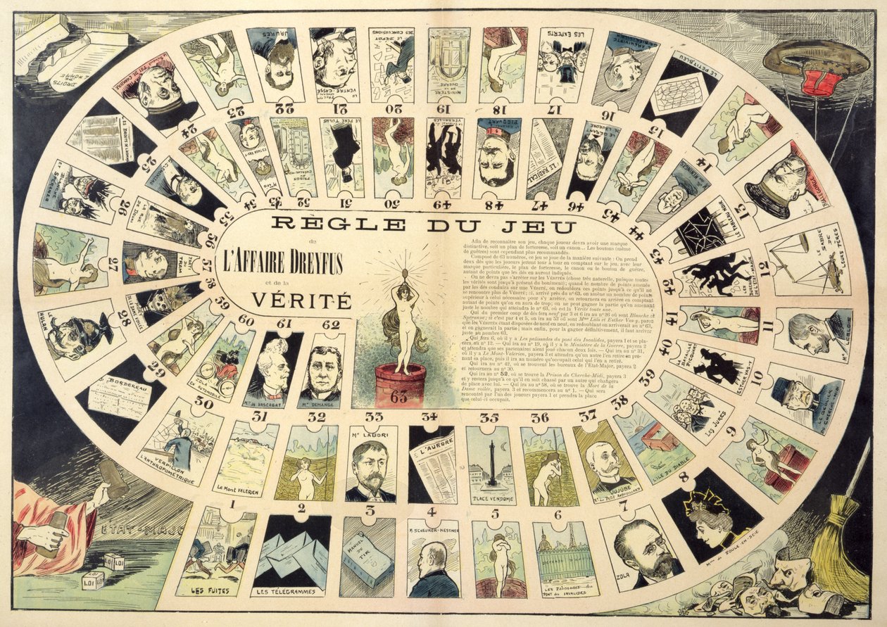 لعبة Dreyfus Affair Game ، مع صور لأفراد مختلفين معنيين ، في أواخر القرن التاسع عشر بواسطة المدرسة الفرنسية