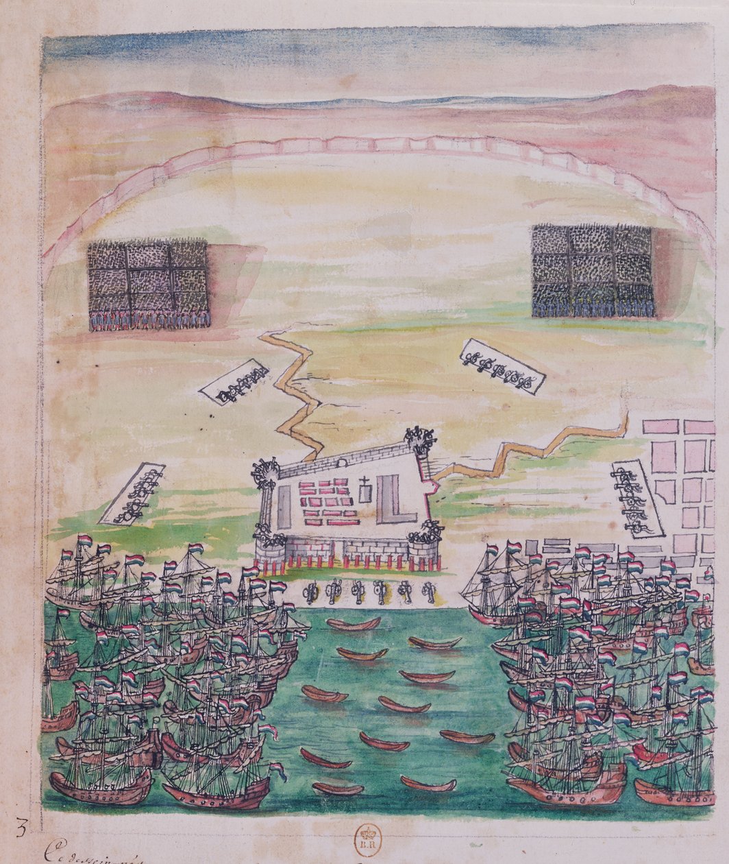 الحصار الهولندي على بونديشيري في أغسطس 1693 ، صورة من مذكرات سفر المبشر اليسوعي (قلم وحبر ومرحاض على ورق) بواسطة المدرسة الفرنسية