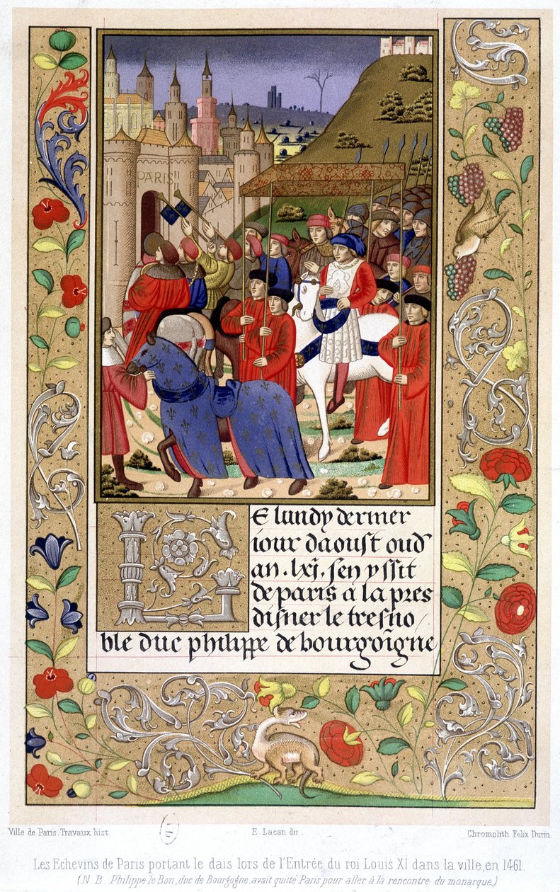 تحمل السفينة Echevins of Paris المنصة عندما دخل الملك لويس الحادي عشر المدينة عام 1461 (ملاحظة: غادر فيليب الصالح ، دوق بورغوندي ، باريس للقاء الملك). بواسطة المدرسة الفرنسية