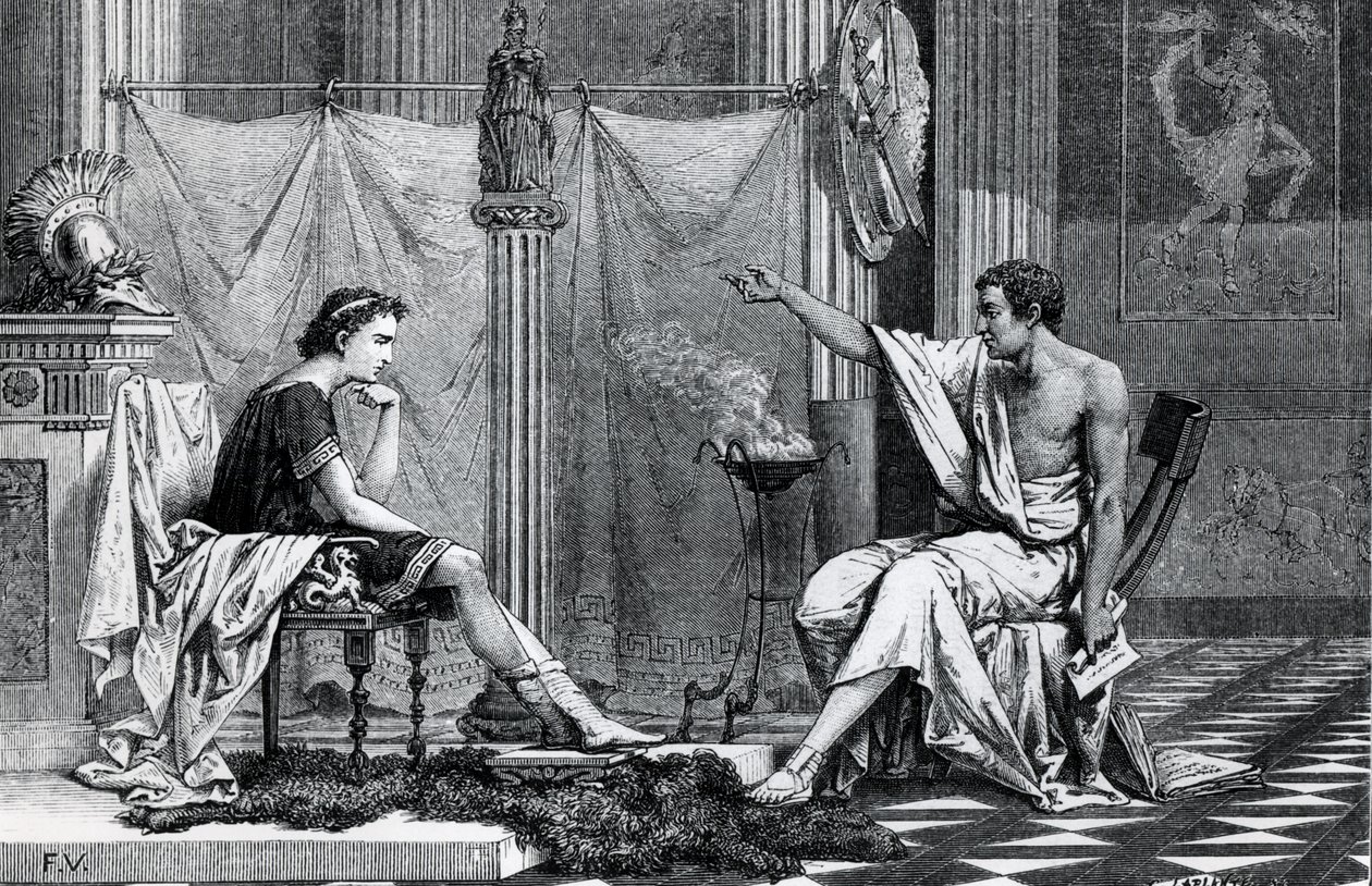 تعليم الإسكندر الأكبر (356-323 قبل الميلاد) لأرسطو (384-322 قبل الميلاد) من كتاب ل. بواسطة المدرسة الفرنسية
