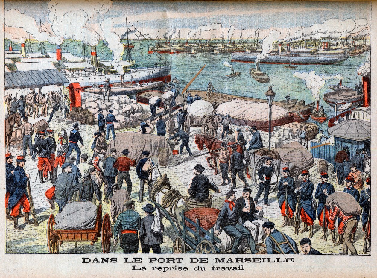 نهاية الإضراب في مرسيليا ، رسم توضيحي من "Le Petit Journal" ، 23 أكتوبر 1904 - في ميناء مرسيل - العودة إلى العمل - بعد أيام طويلة جدًا من العاطلين عن العمل ، استأنف ميناء مرسيليا أخيرًا جميع أنشطته بواسطة المدرسة الفرنسية