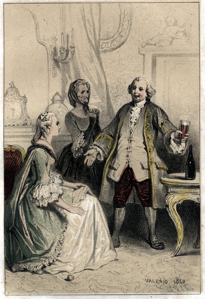 اقتحم الممثل الكوميدي الإنجليزي ديفيد جاريك (1717-1779) ، متنكرًا في زي مدرب ، دوقة متلهفة منه لمحاولة تفكيرها وإقناعها بعبثية حبها له. "" نقش في اثنين sh بواسطة المدرسة الفرنسية