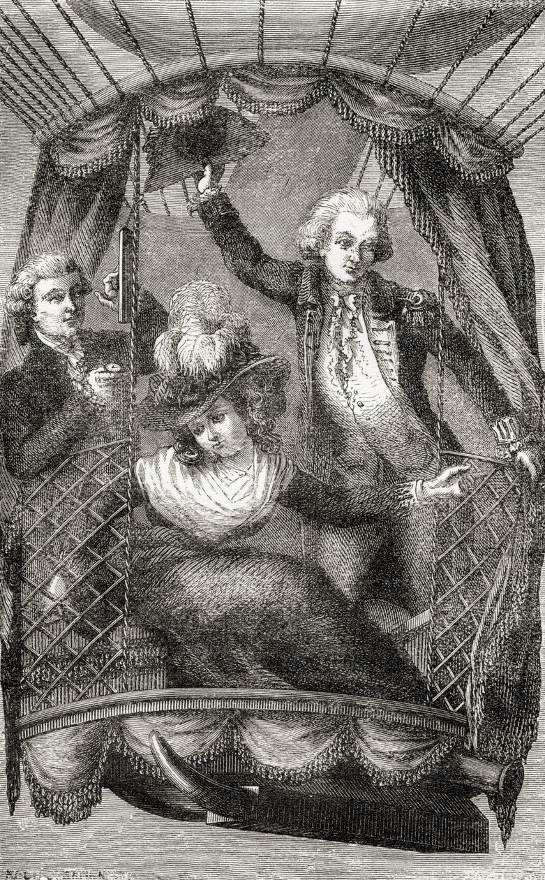 صعود البالون الأول في إنجلترا ، 15 سبتمبر 1784 ، من "صعود البالون الرائع أو غزو السماوات" ، بقلم فولجنس ماريون ، نُشر في عام 1870 (ليثو) بواسطة المدرسة الفرنسية