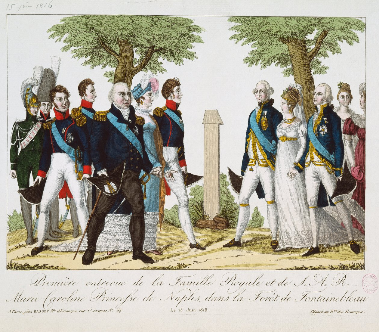 الاجتماع الأول بين لويس الثامن عشر (1755-1824) وماري كارولين فرديناند (1798-1870) من بوربون ، في كروا دي سانت هيرم في غابة فونتينبلو ، 15 يونيو 1816 ، 1816-30 (ملون engr بواسطة المدرسة الفرنسية