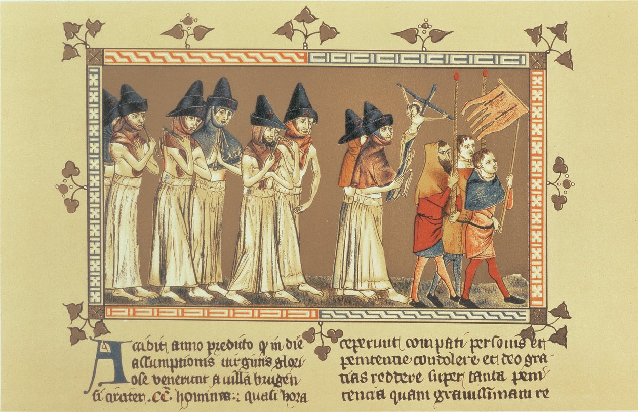 The Flagellants at Doornik في عام 1349 ، نسخة مصغرة من تاريخ إيجيديوس لي Muisis بواسطة المدرسة الفرنسية