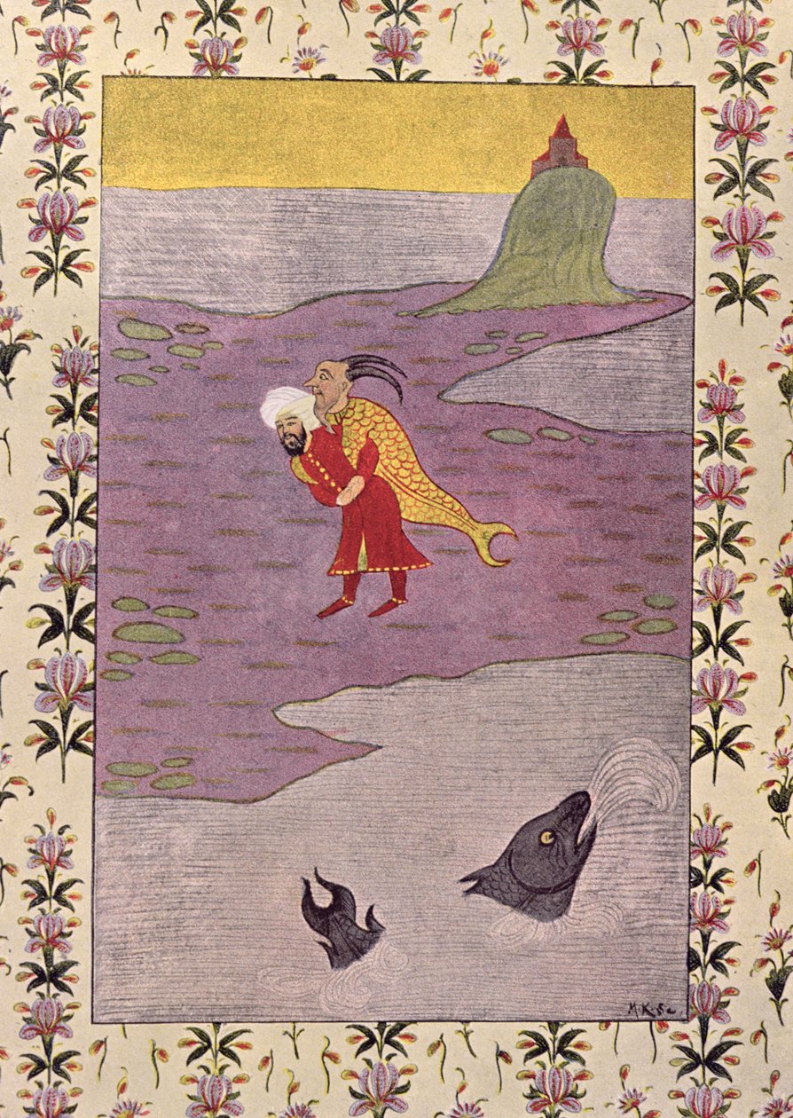 رحلة سندباد الرابعة ، رسم توضيحي لسندباد بحار ، من الليالي العربية ، 1895 (نقش ملون) بواسطة المدرسة الفرنسية