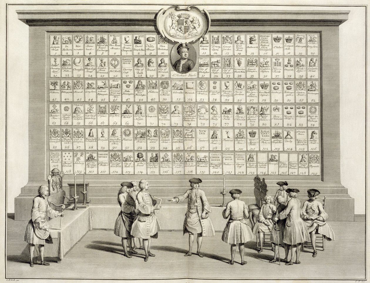 الماسونيون الأحرار ، مع علامات على النزل المختلفة ، من احتفالات الدين والعرف ، c.1733 بواسطة المدرسة الفرنسية