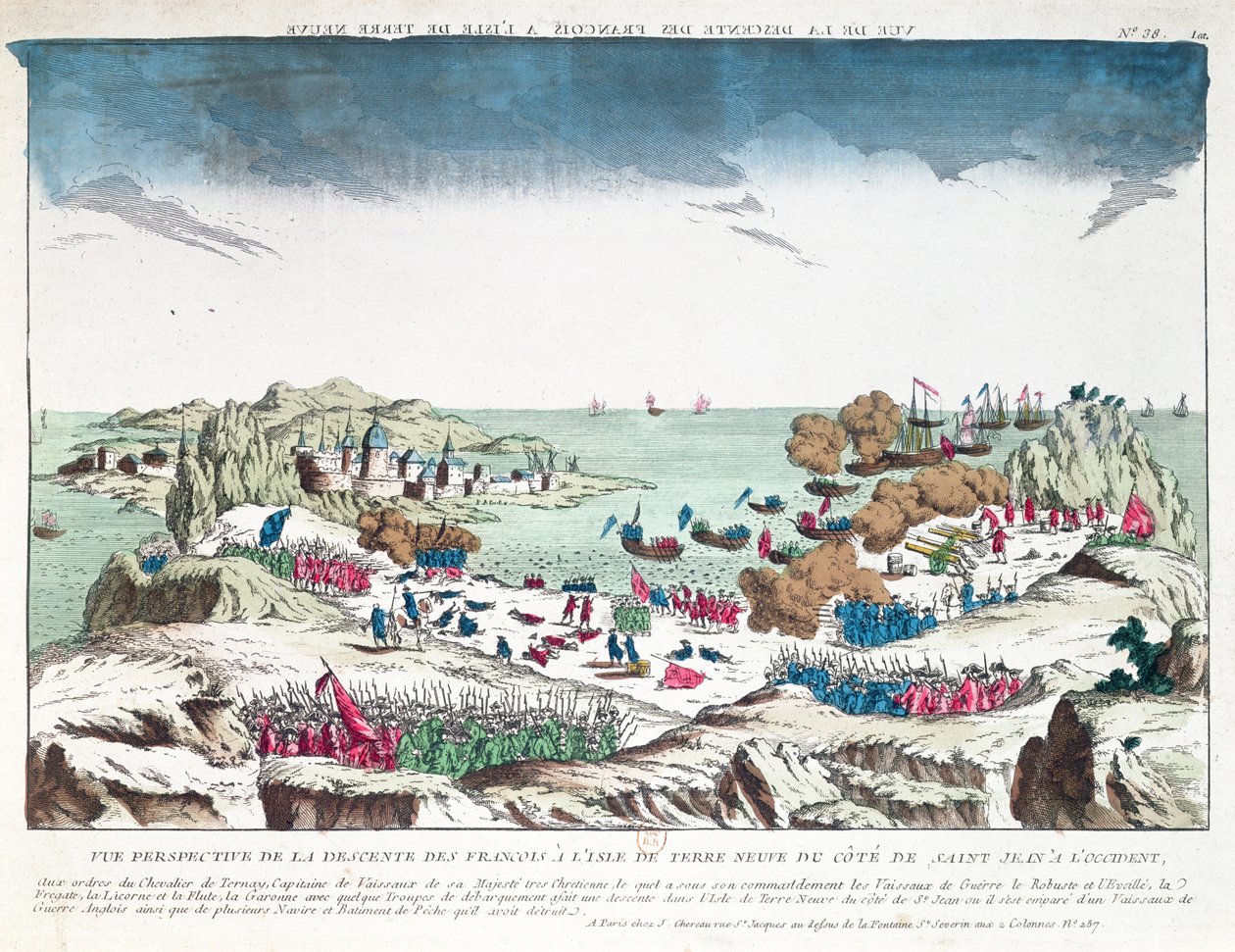 الغارة الفرنسية على سانت جون في نيوفاوندلاند في 2 يونيو 1762 تحت قيادة Chevalier du Ternay (1722-80) ، نهاية القرن الثامن عشر بواسطة المدرسة الفرنسية