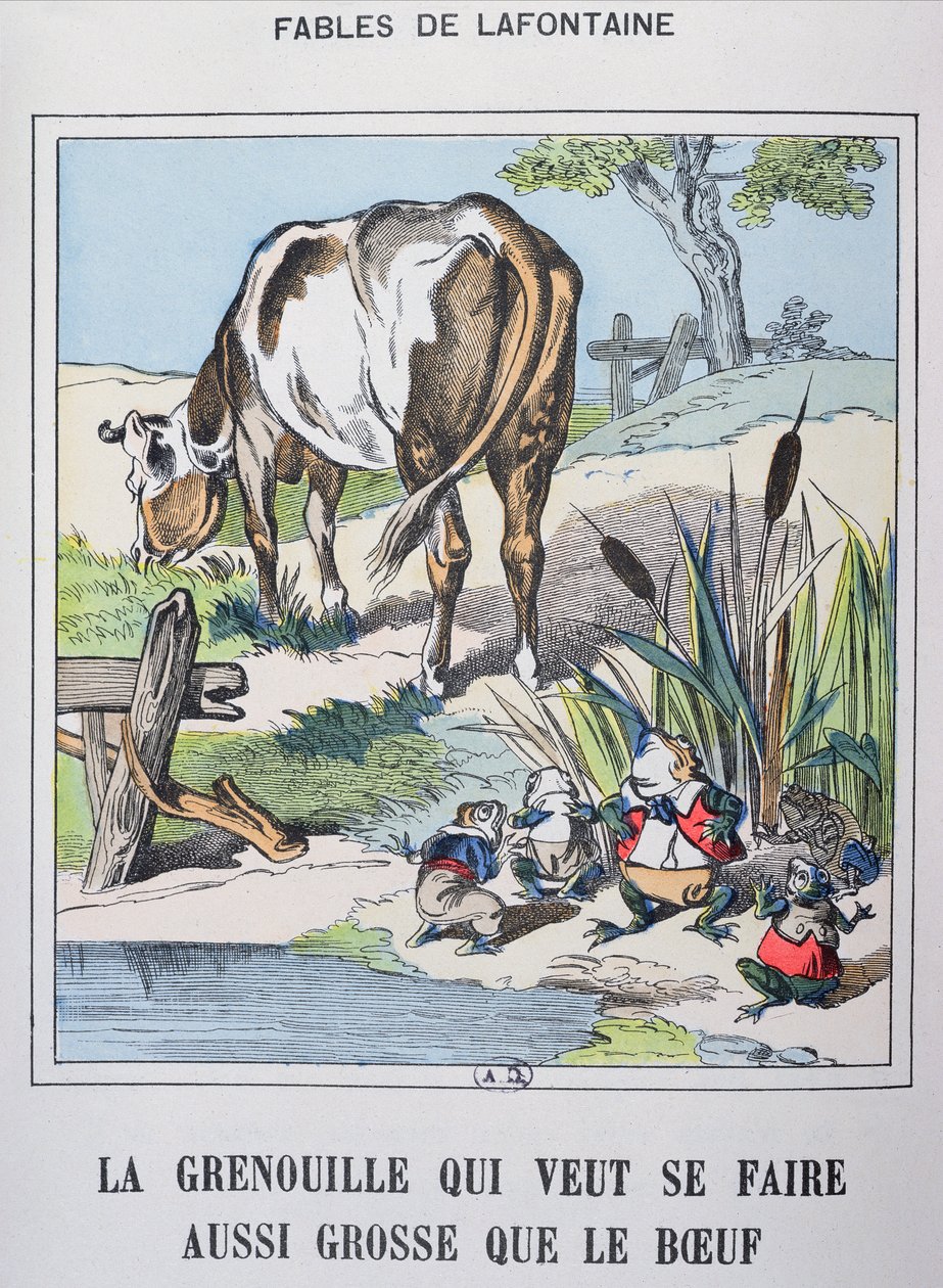 الضفدع والثور ، من "Fables de La Fontaine" (نقش ملون) بواسطة المدرسة الفرنسية