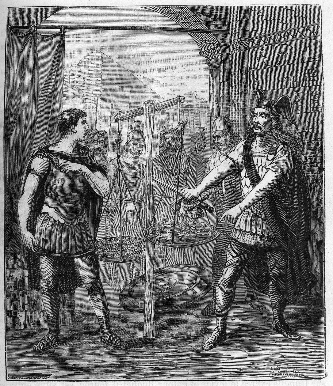 قائد جيش الغال Brennos (Brennus) يهزم الرومان ويعلن "Vae Victis" (الويل للمهزوم) ، وطالب الغال بفدية بعد غزوهم لروما - زعيم Brennus من قبيلة الغالي من Senons يلفظ Vae المشؤوم انتصار بواسطة المدرسة الفرنسية