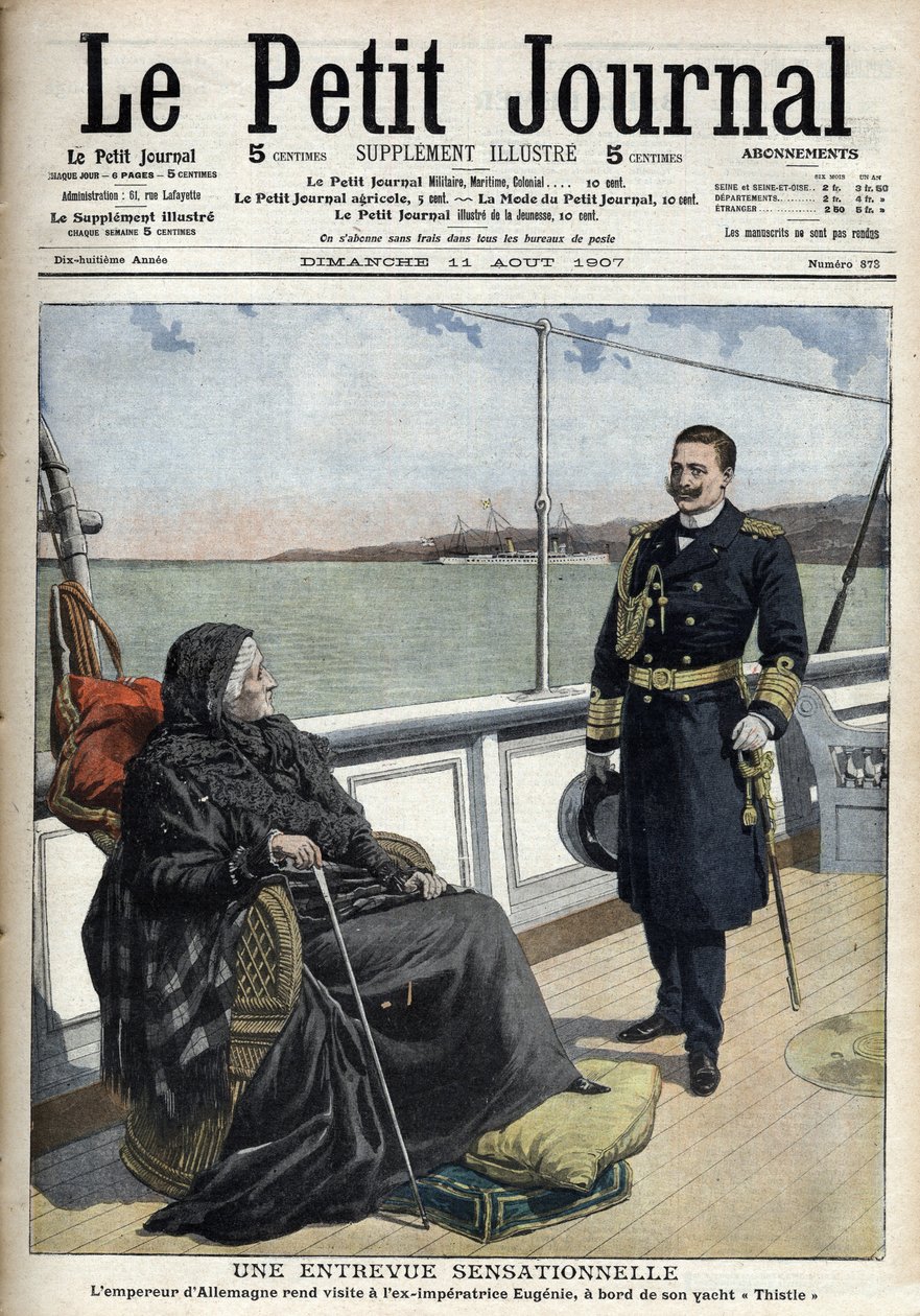 زار الإمبراطور الألماني ويليام الثاني (1859-1941) الإمبراطور السابق يوجينيا (1826-1920) على متن يخته "ثيسل" ، "لو بيتي جورنال" لي 11 أغسطس 1907 (نقش) بواسطة المدرسة الفرنسية