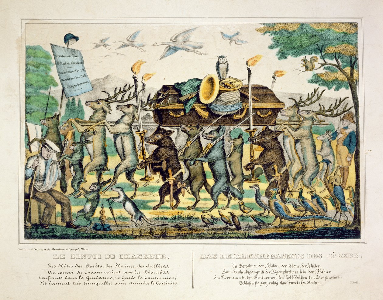 موكب الصيادون ، c.1850 (ليثو ملون باليد) بواسطة المدرسة الفرنسية