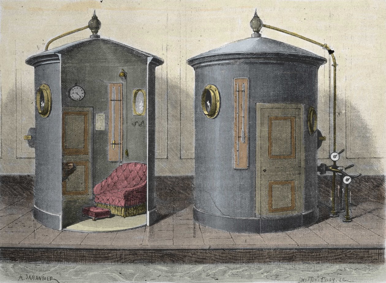 غرفة الضغط العالي بواسطة بول بيرت (1833-1887) عالم فيزيولوجي وسياسي فرنسي. نقش من عام 1855. بواسطة المدرسة الفرنسية