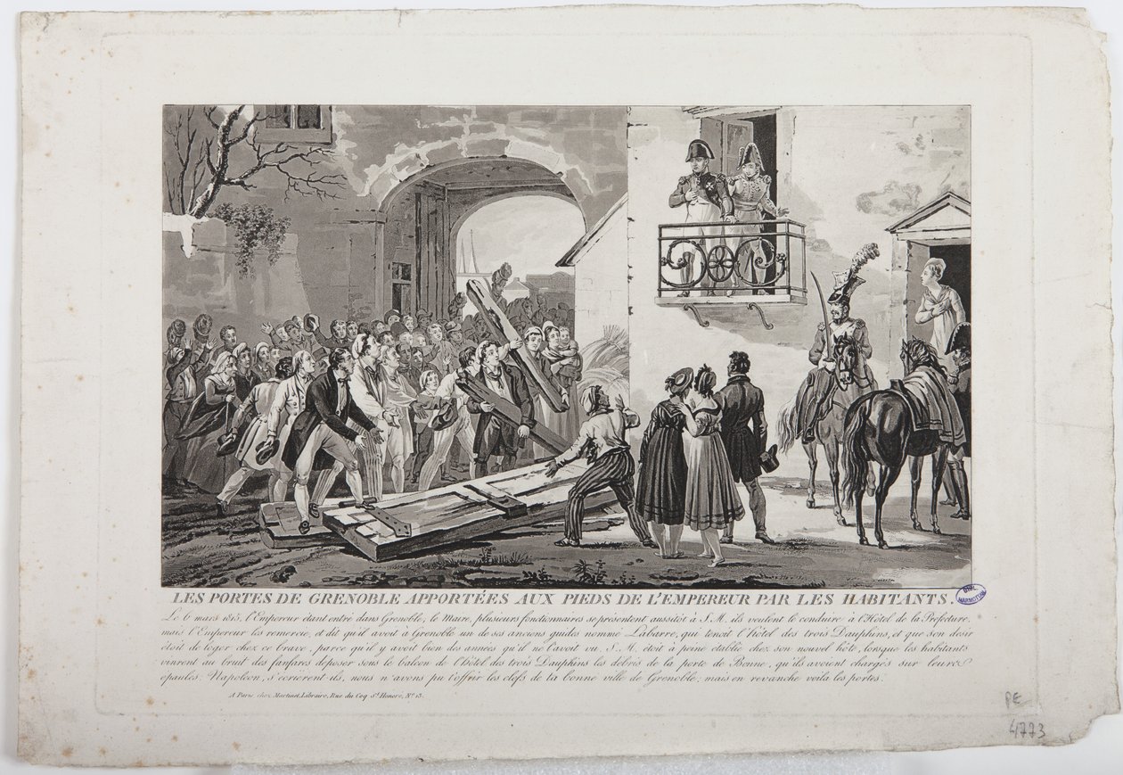 السكان الذين يودعون أبواب غرونوبل عند أقدام الإمبراطور ، 6 مارس 1815 ، نشرها مارتينيت ، 1815 بواسطة المدرسة الفرنسية