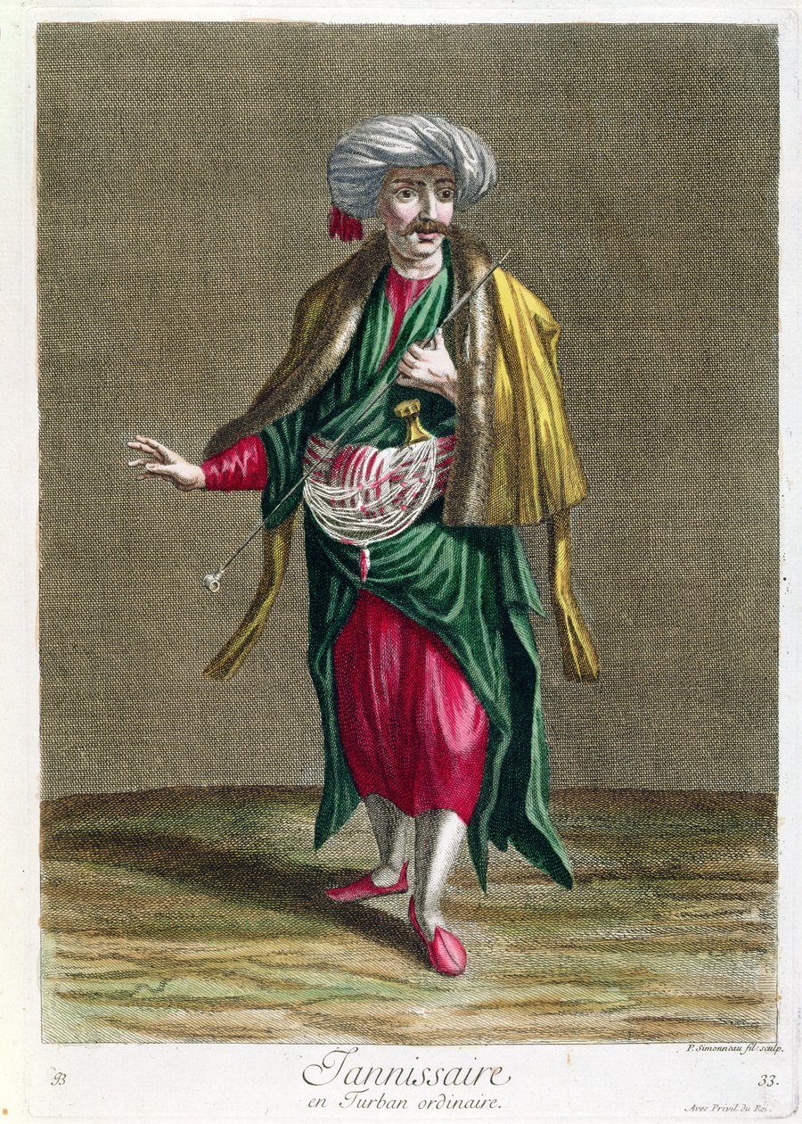 الإنكشارية ، من مجموعة مطبوعات الأزياء من بلاد الشام ، نقشها فيليب سيمونو (1685-ج 1753) 1707-08 بواسطة المدرسة الفرنسية