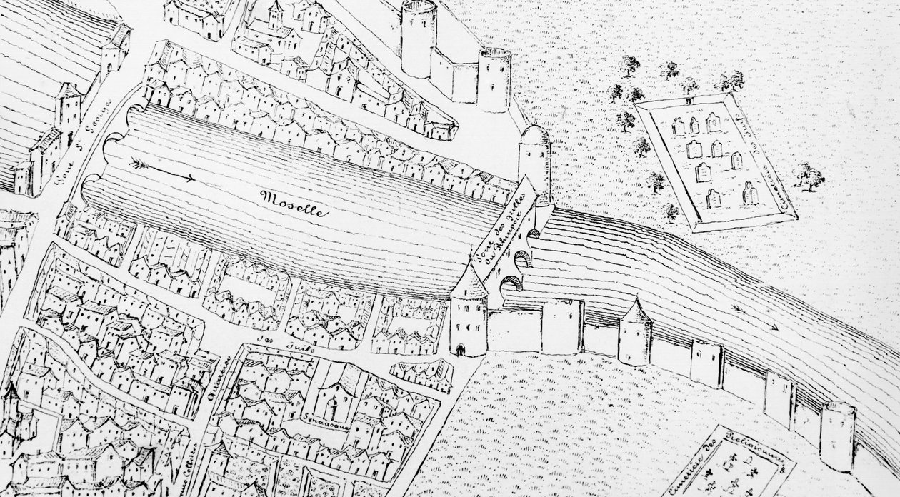 الحي اليهودي في ميتز خلال القرن السادس عشر ، رسم توضيحي من Histoire des Juifs dans Nord-Est de la France بواسطة Emile Auguste Begin ، 1838 بواسطة المدرسة الفرنسية