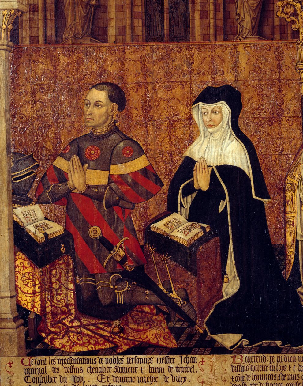 The Jouvenel Family of Ursins Detail by Jean Juvenal des Ursins (1360-1431) and his wife. Painting on wood of the French School. 1443-1449. Sun 1,3x3,5 m Paris, national museum of the Middle Ages, Thermes de Cluny بواسطة المدرسة الفرنسية