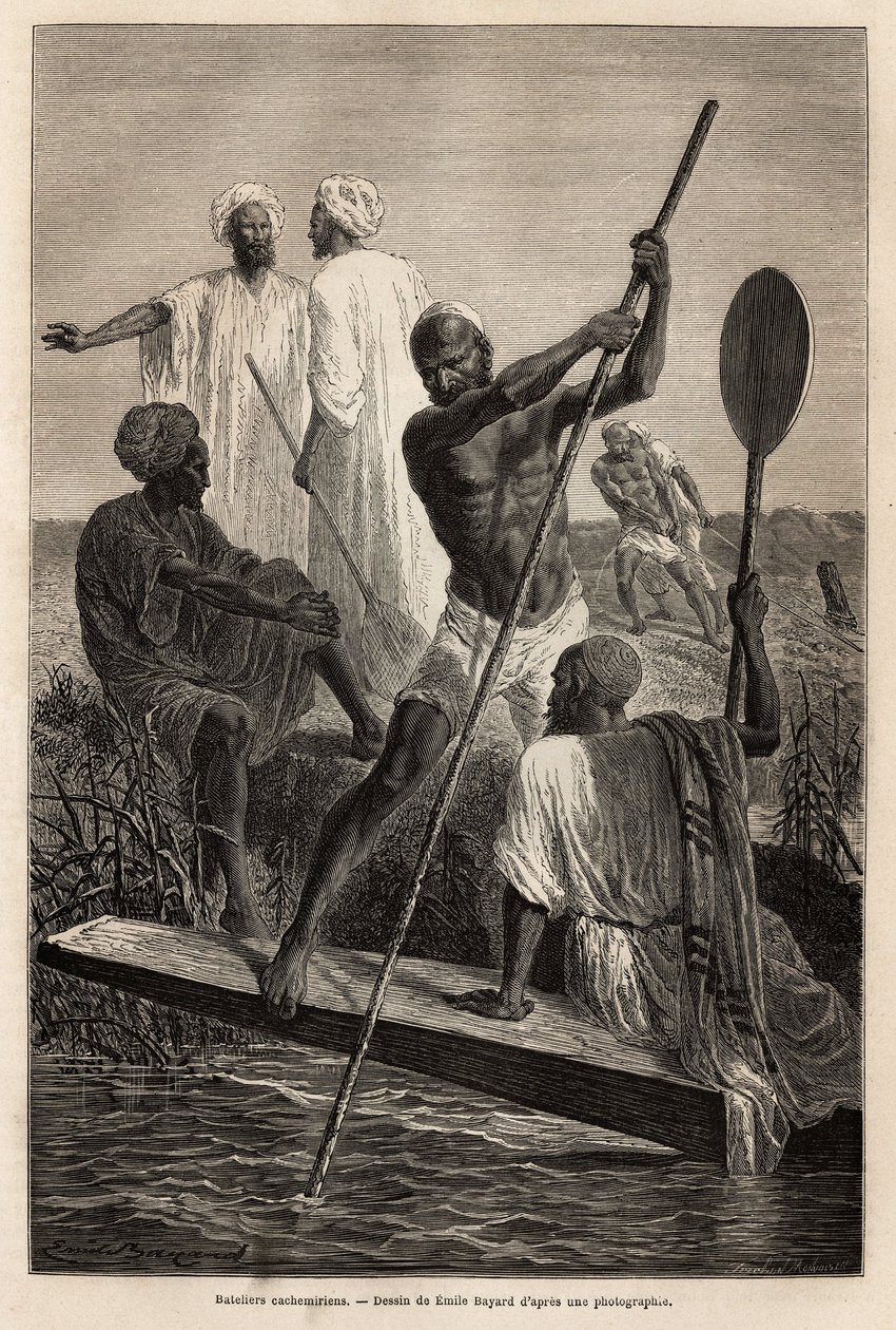The Kashmirian boatmen, in the vicinity of Srinagar (Shrinagar), in full work - Engraving to illustrate the story of Pandjab and Kashmir, by Guillaume Lejean in 1866, published in “” Le tour du monde”” 1870-1871, edited by Edouard Charton, Hachette edition بواسطة المدرسة الفرنسية