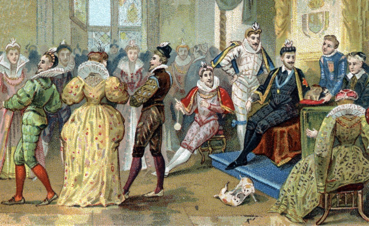 يحيط ملك فرنسا هنري الثالث (1551-1589) بأطفاله. الطباعة الحجرية الملونة في أواخر القرن التاسع عشر بواسطة المدرسة الفرنسية