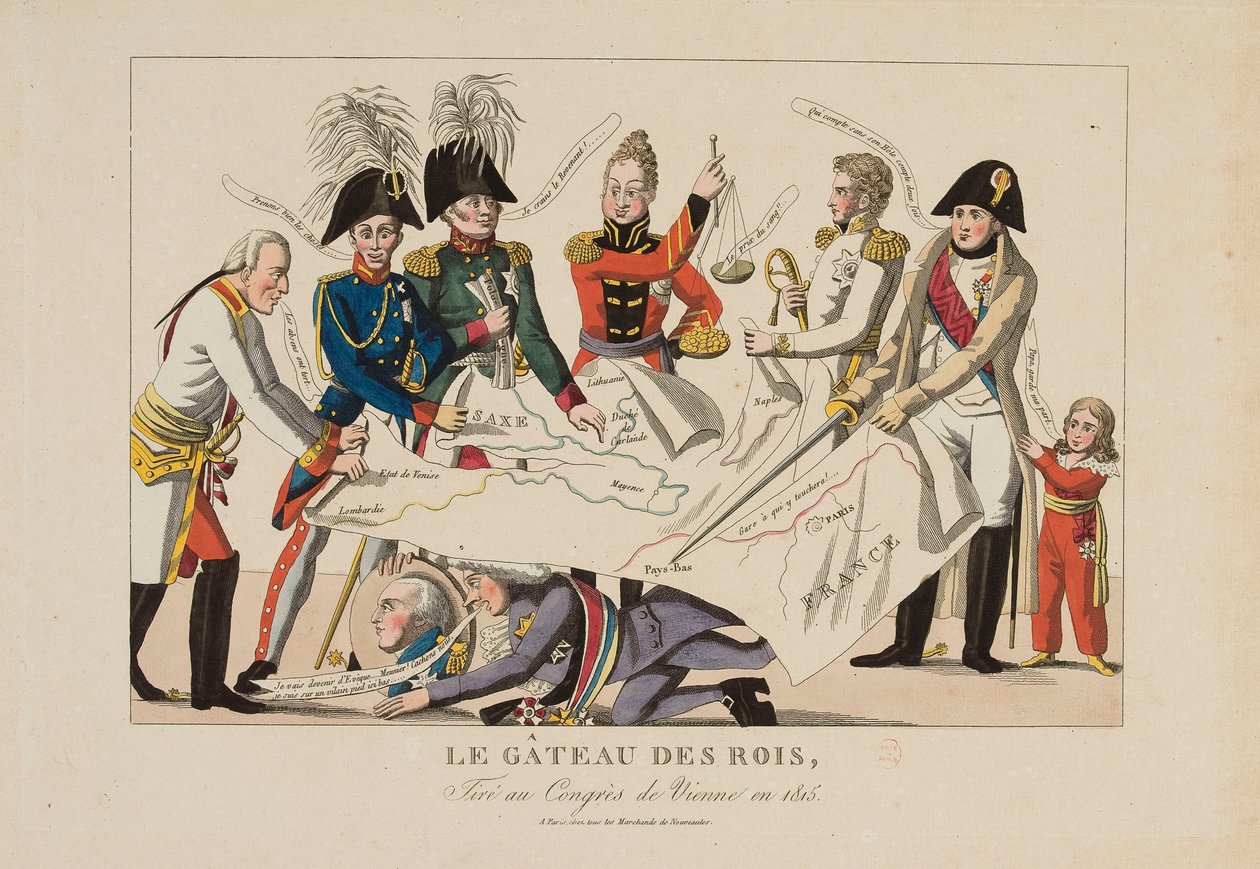 كعكة الملوك يتم قطعها في مؤتمر فيينا (نوفمبر 1814 - يونيو 1815)، حوالي 1815 (نقش ملون) بواسطة المدرسة الفرنسية