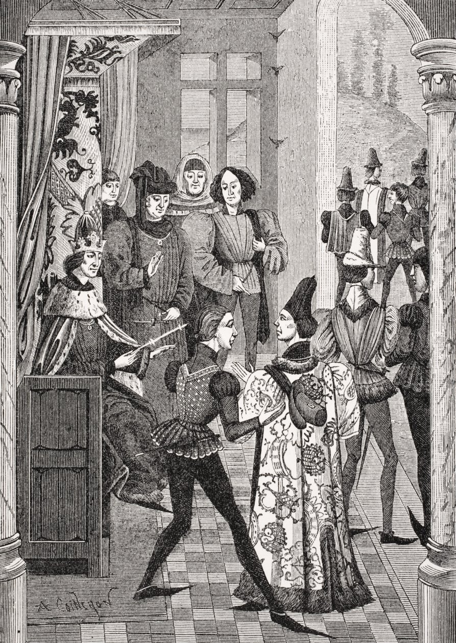 ال King&39;s Court أو Grand Council ، بعد صورة مصغرة في "Chronicles of Froissart" ، من "Le Moyen Age et la Renaissance" بواسطة Paul Lacroix (1806-84) نشر عام 1847 بواسطة المدرسة الفرنسية