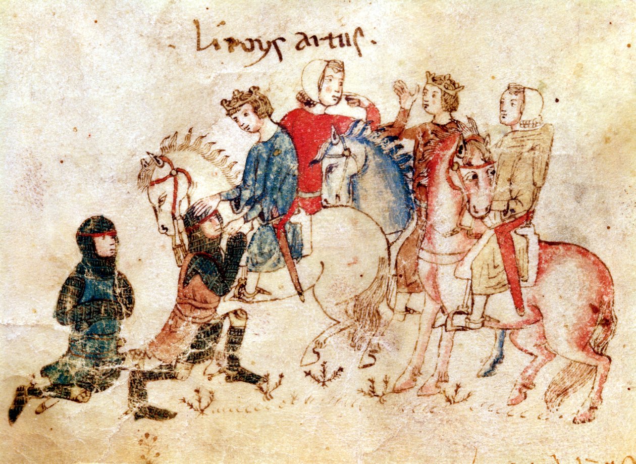 يقدم الفرسان Esclabor و Arphasar خدماتهما للملك آرثر ، من Roman de Meliadus بواسطة المدرسة الفرنسية
