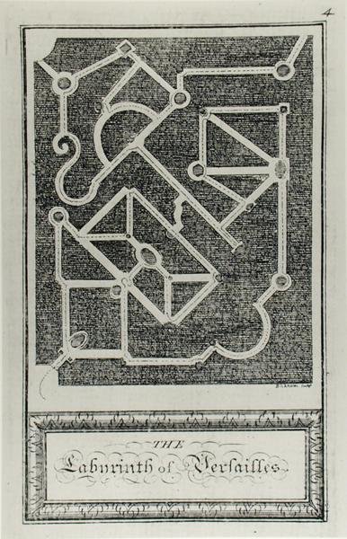 متاهة فرساي ، من "الملاهي الأخلاقية" ، بقلم دانيال بيلامي ، نقشها جورج بيكهام (1684-1769) ، نُشرت عام 1770 (نقش) (صورة b / w) بواسطة المدرسة الفرنسية