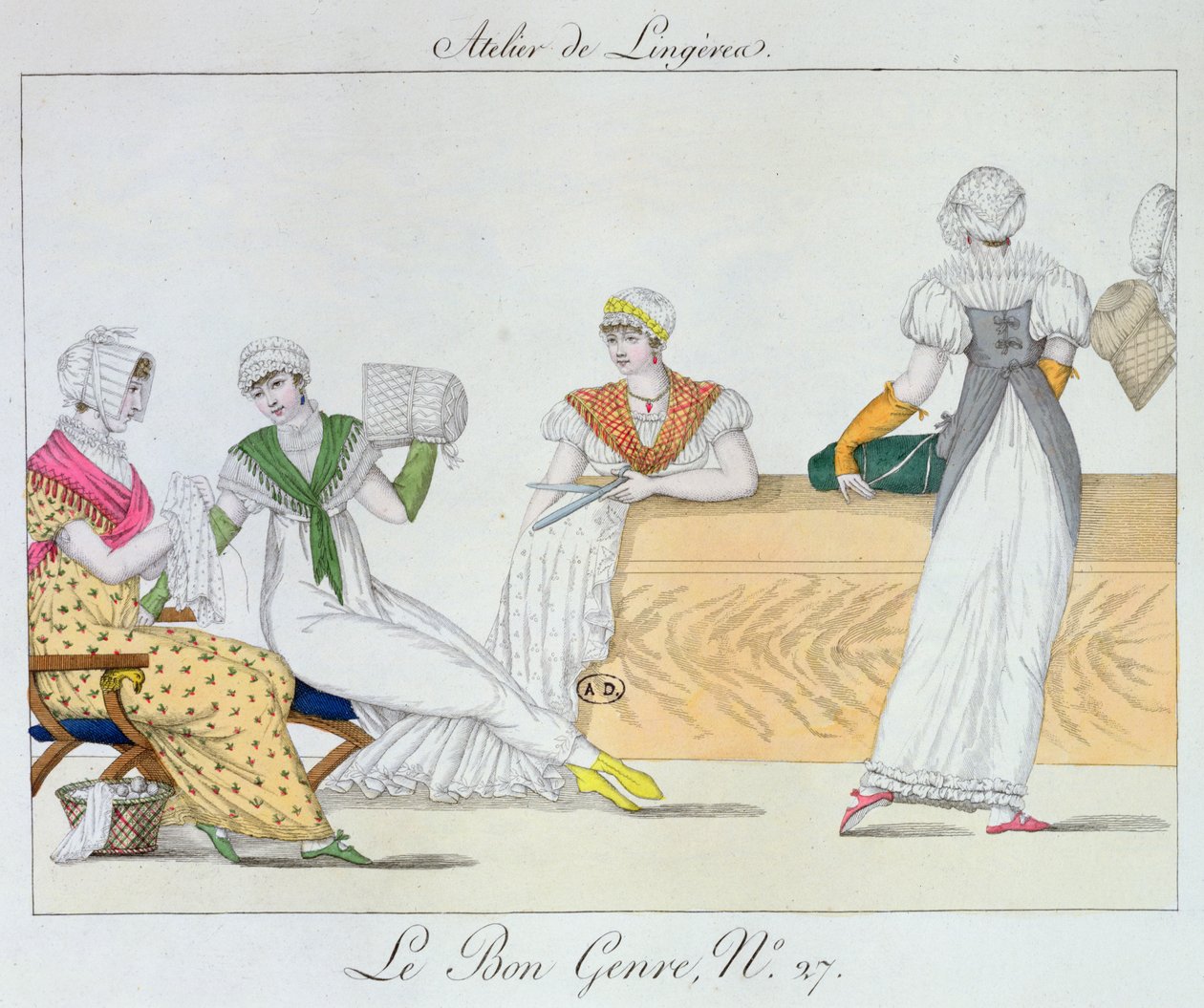 ورشة الملابس الداخلية ، اللوحة 27 من Le Bon Genre ، 1827 بواسطة المدرسة الفرنسية
