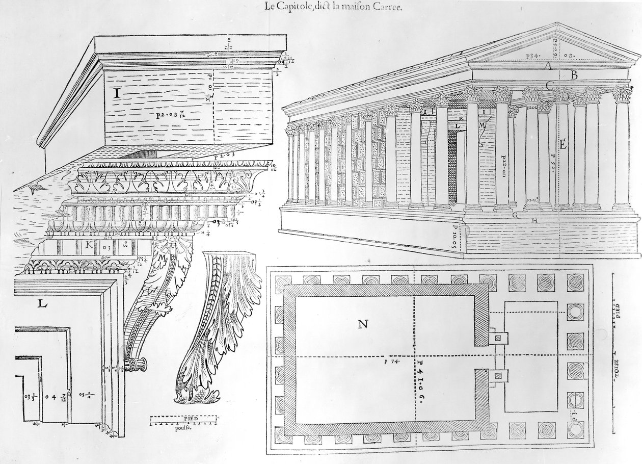 Maison Carree ، توضيح من كتاب Discours Historical de lantique et lustrious cite de Nismes بقلم جان بولدو دالبيناس ، نُشر عام 1560 بواسطة المدرسة الفرنسية