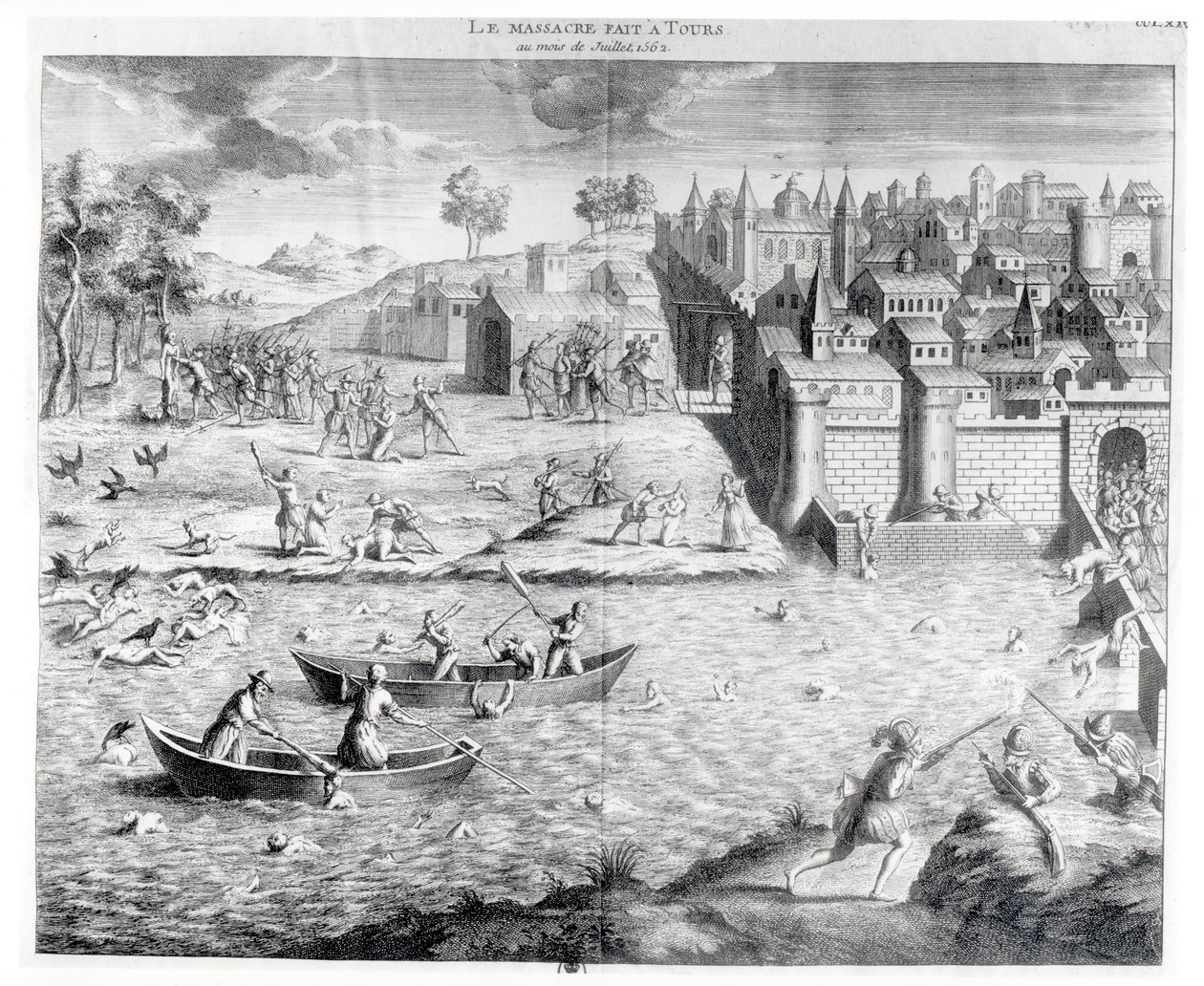 مذبحة Huguenots في جولات عام 1562 بواسطة المدرسة الفرنسية