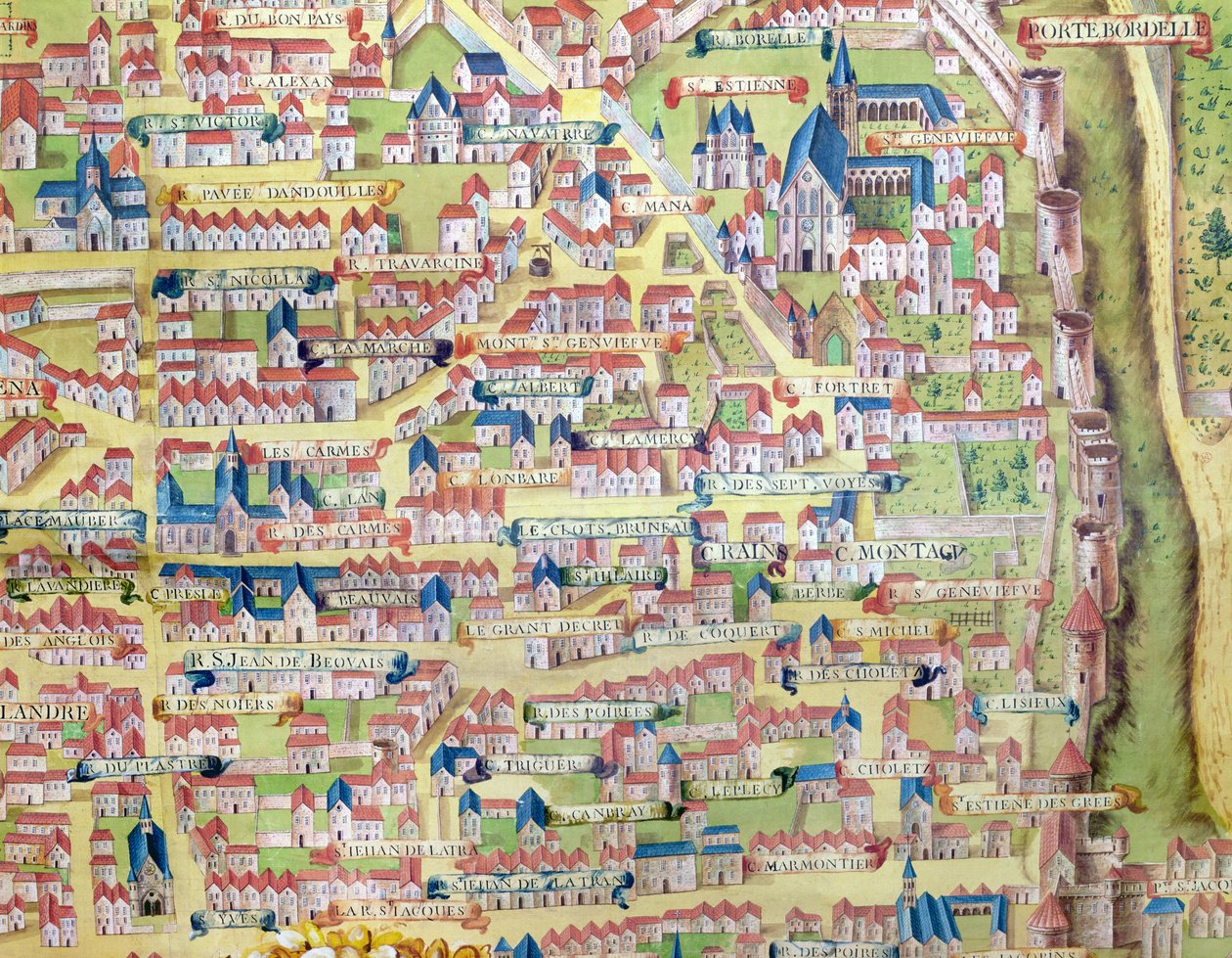 ال Montagne Sainte-Genevieve ، التفاصيل من خطة باريس مصنوعة c.1540 ، تسمى Plan de la Gouache ، c.1860 بواسطة المدرسة الفرنسية