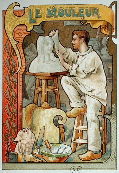 The Moulder ، رسم توضيحي من كتاب عن الحرف اليدوية ، حوالي 1899 (لون ليثو) بواسطة المدرسة الفرنسية