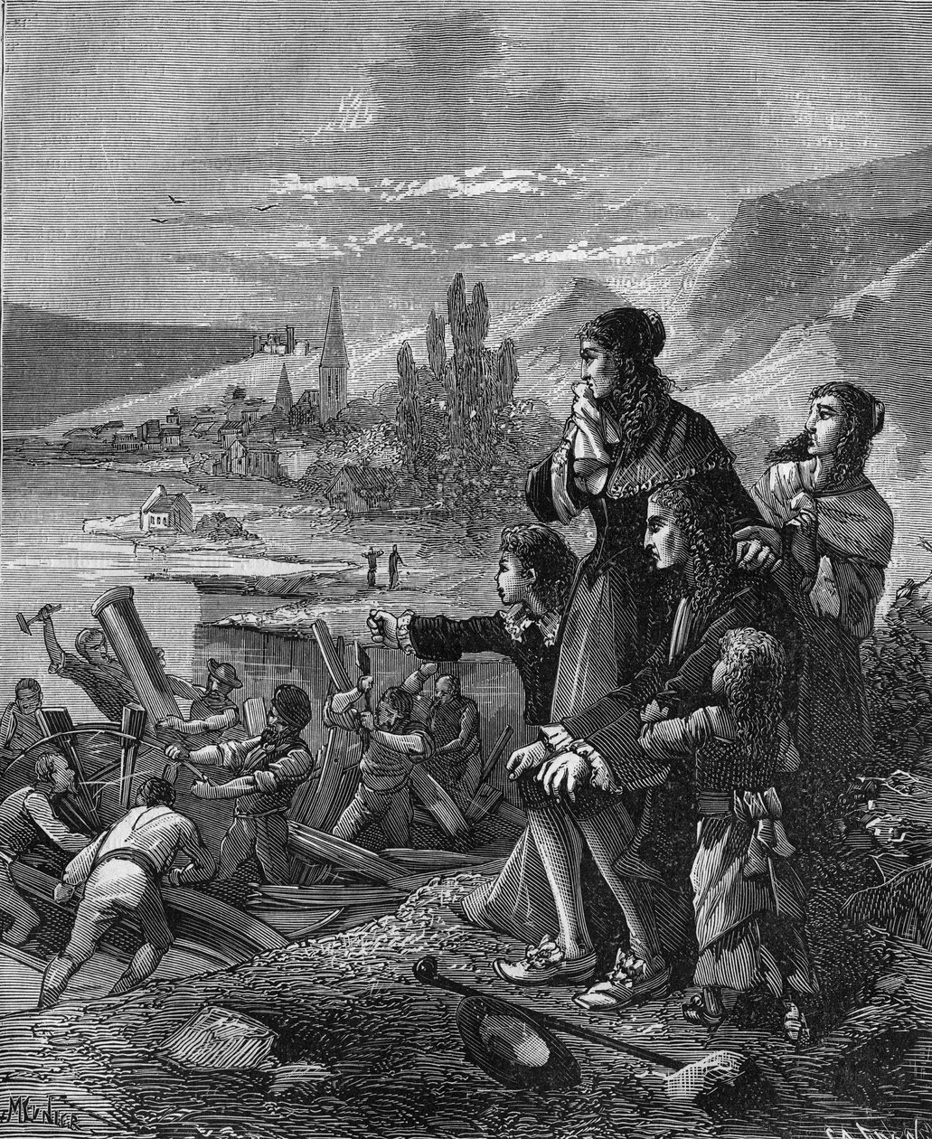 دمر البحارة في موندين "السفينة البخارية" التي وضعها دنيس بابين (1647-1712) ، عالم الفيزياء والمخترع الفرنسي. بواسطة المدرسة الفرنسية