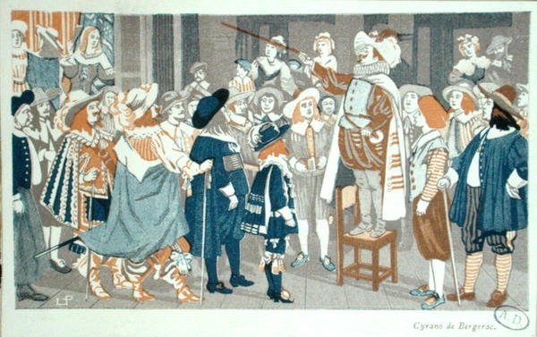 خطاب الأنف في فندق Hotel de Bourgogne ، رسم توضيحي من "Cyrano de Bergerac" بواسطة إدموند روستاند (1868-1918) حوالي 1905 (لون ليثو) بواسطة المدرسة الفرنسية