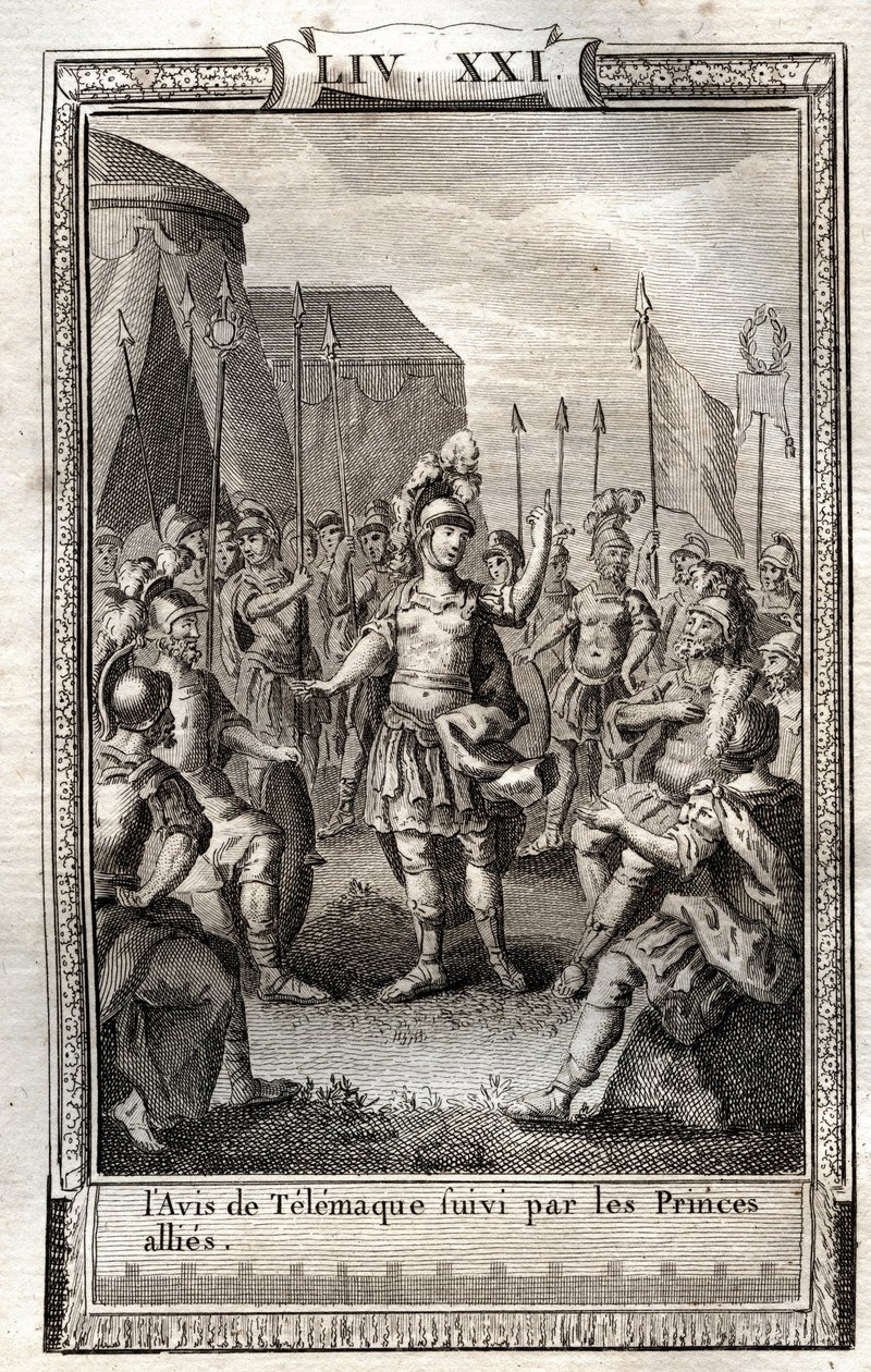 إشعار Telemaque متبوعًا بأمراء الحلفاء - نقش عام 1798 بعد Monnet في "Les Aventures de Telemaque، fils d'Ulysse" (مغامرات Telemachus) بواسطة Francois de Salignac de La Mothe-Fenelon dit Fenelon - بواسطة المدرسة الفرنسية