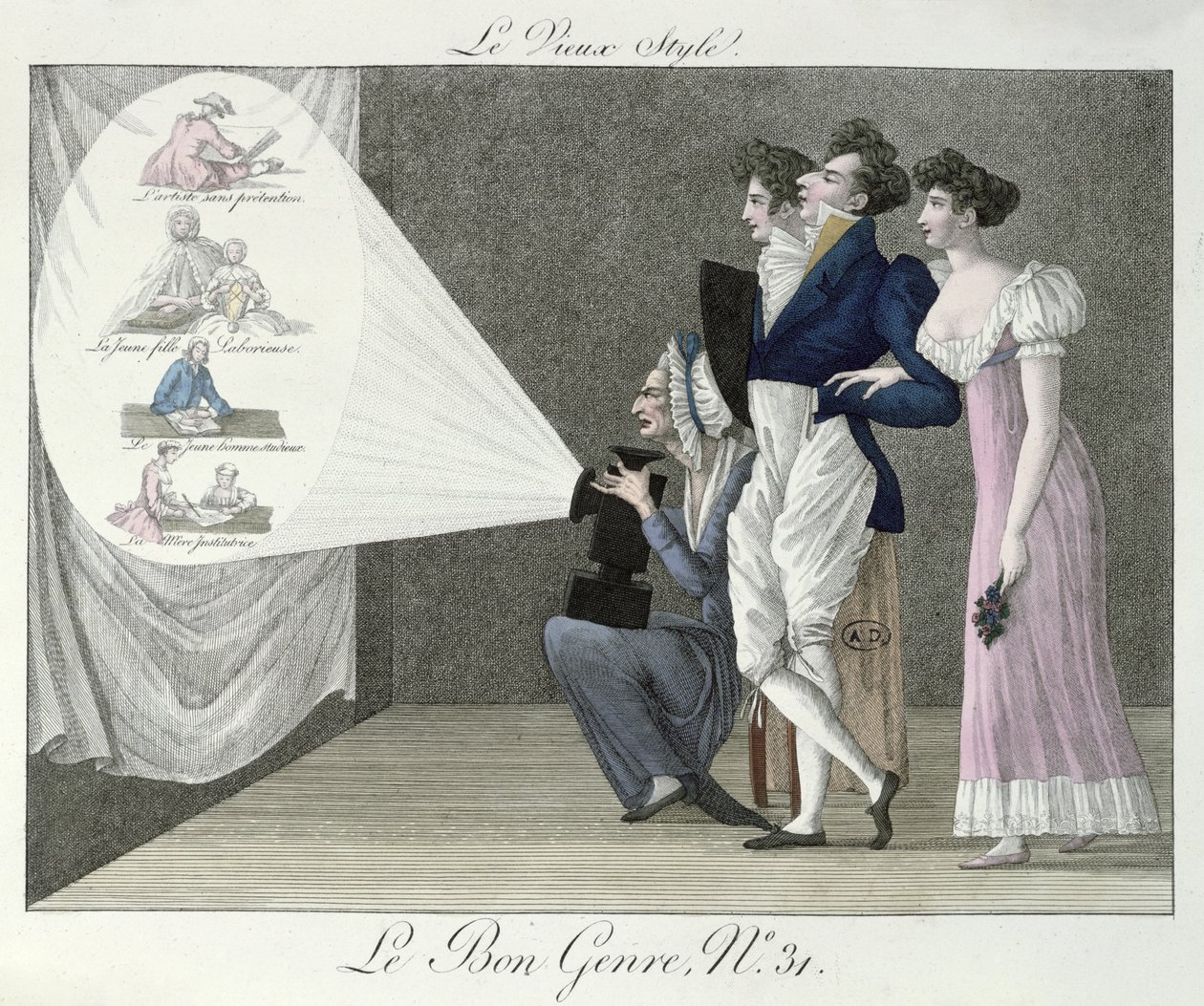 The Old Style ، مشاهدة إسقاط لصور القرن الثامن عشر من فيلم فانوس سحري ، صورة توضيحية من Le Bon Genre بواسطة المدرسة الفرنسية