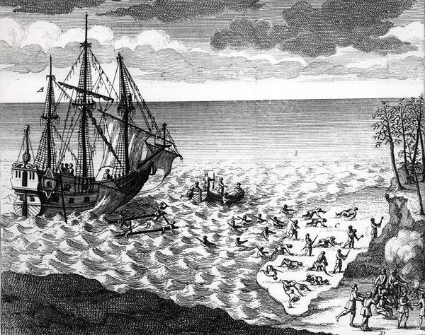 غرق البجع بالقرب من الساحل ، من Histoire de lAmerique septentrionale بواسطة Bacqueville de La Potherie (1663-1736) نشر في 1753 بواسطة المدرسة الفرنسية