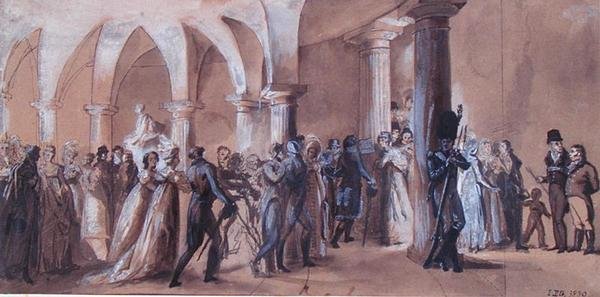 The Peristyle at the Theatre Francais ، حوالي عام 1822 (حجر ملون) بواسطة المدرسة الفرنسية