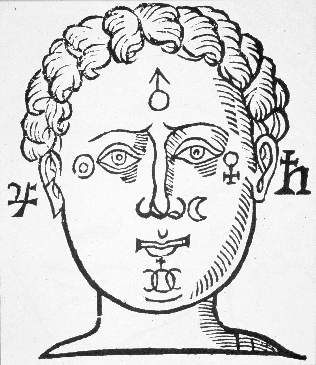 موقع الكواكب في الرأس البشري ، نسخة من رسم توضيحي من Oeures لجون بيلوت ، ليون 1649 ، تم استخدامه في تاريخ السحر ، تم نشره في أواخر القرن التاسع عشر بواسطة المدرسة الفرنسية