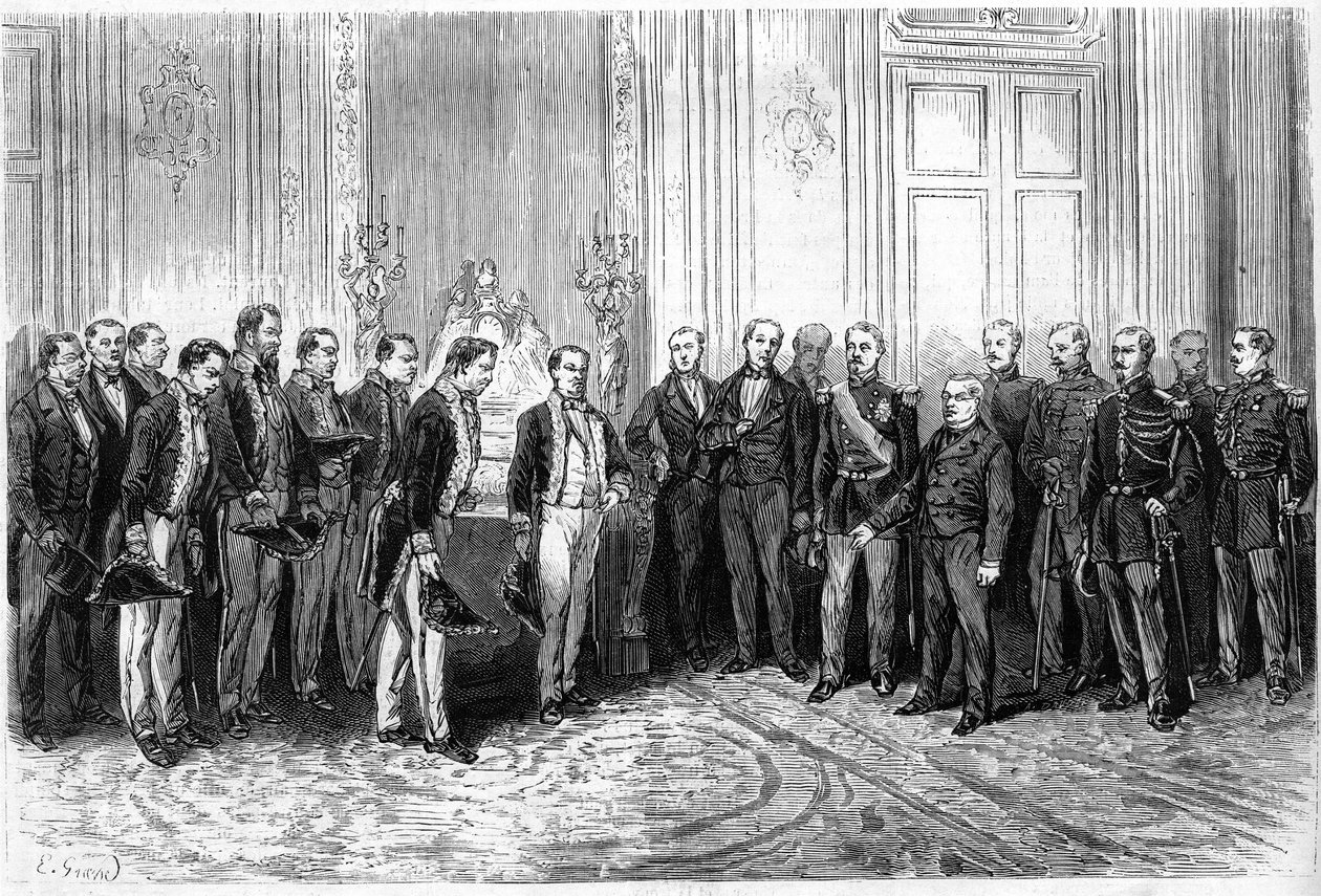 استقبل رئيس الجمهورية الفرنسية أدولف تيير (1797-1877) سفراء اليابان في قصر الإليزيه. نقش في "" Le Monde Illustré "" رقم 821 بتاريخ 4 يناير بواسطة المدرسة الفرنسية
