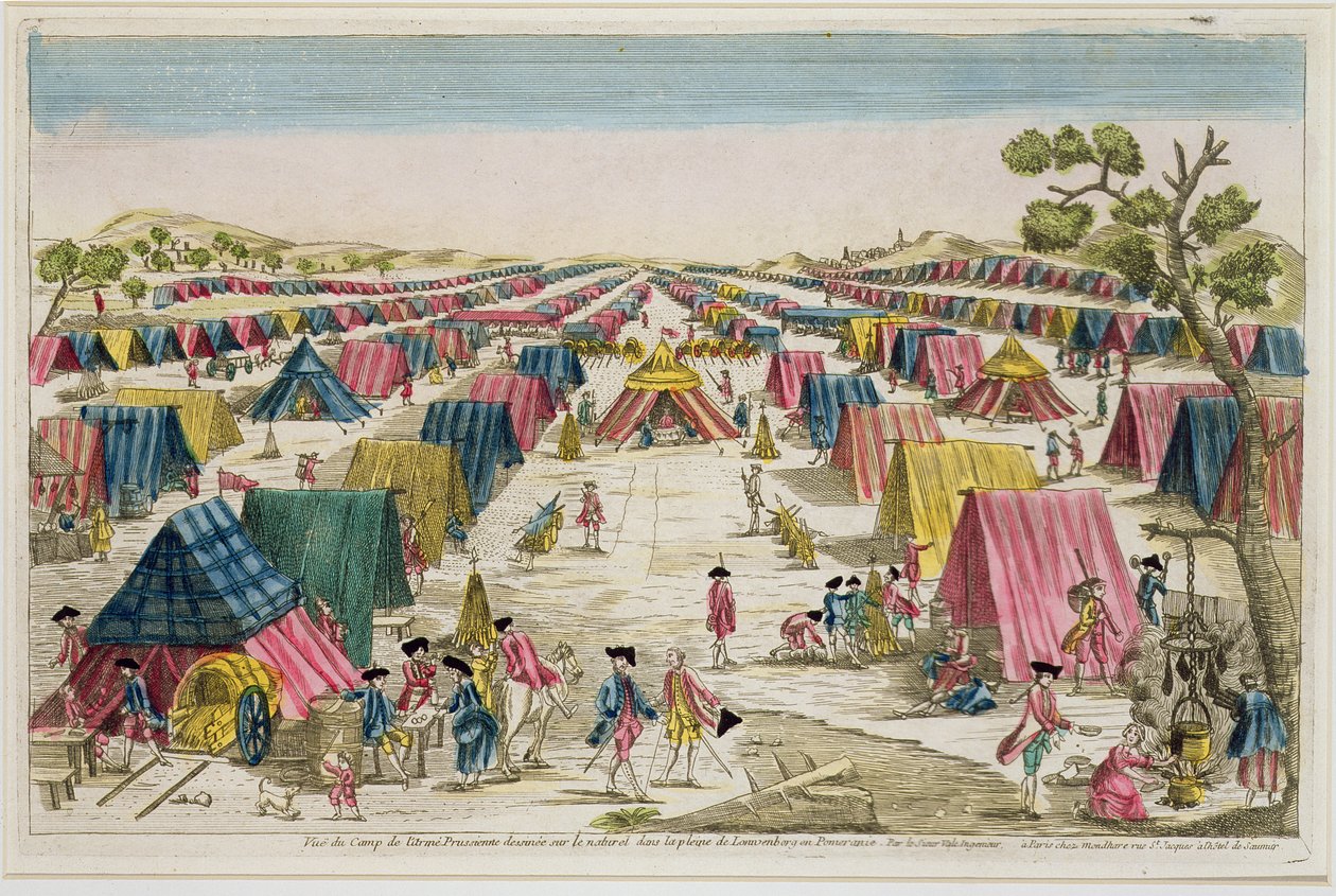معسكر الجيش البروسي ، مستمد من الحياة في الحقول في بوميرانيا ، محفور بواسطة فالى ، ج .1750 (نقش ملون باليد) بواسطة المدرسة الفرنسية