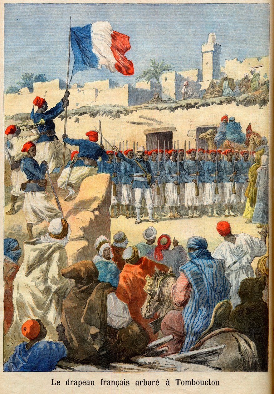 رفع العلم الفرنسي في تمبكتو (مالي) من Le petit Journal ، فبراير 1894 (نقش) - العلم الفرنسي يتألق في تمبكتو. رسم توضيحي لمجلة Le petit Journal بواسطة المدرسة الفرنسية