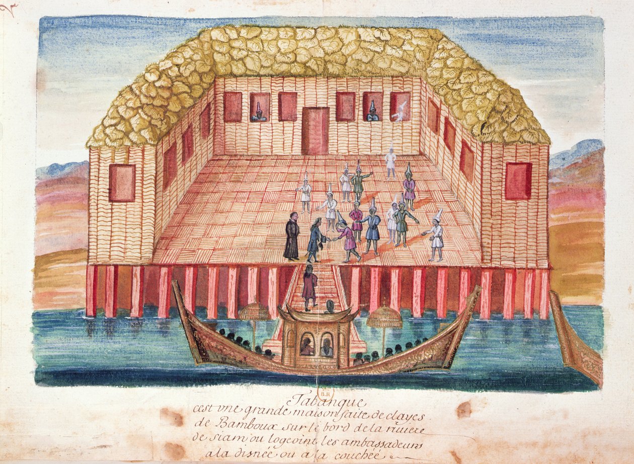 إقامة السفراء الفرنسيين في صيام ، من حساب اليسوعيين في سيام ، 1688 (مرحاض على ورق) بواسطة المدرسة الفرنسية