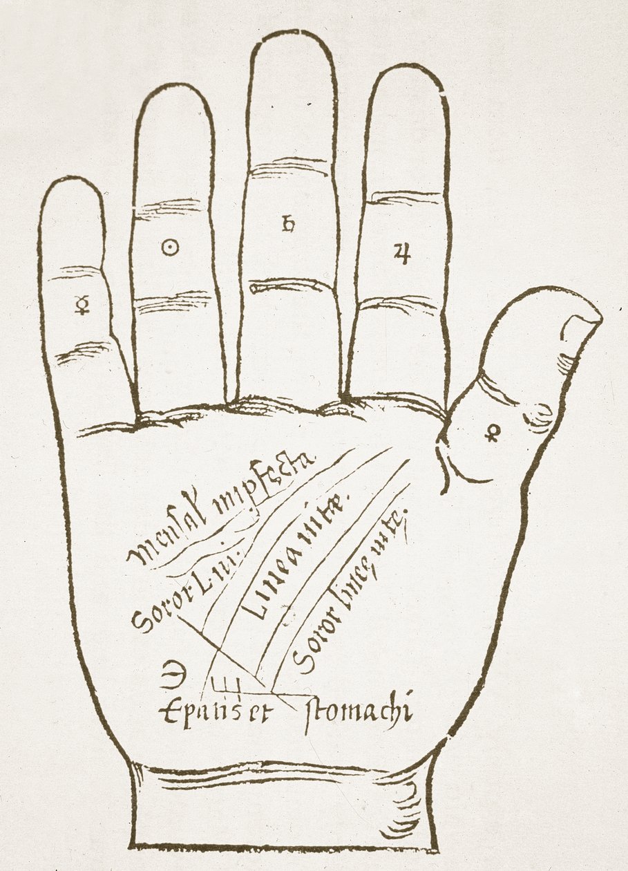 اليد اليمنى ، الخطوط الرئيسية ، نسخة من رسم توضيحي من Chiromantia بواسطة Ioannes ab Indagine ، 1531 ، تم استخدامه في تاريخ السحر ، نُشر في أواخر القرن التاسع عشر بواسطة المدرسة الفرنسية